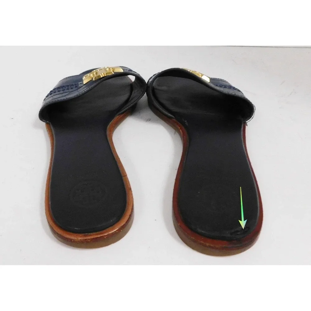 Tory Burch Everly Blue Croc Embossed Leather Slide Sandals Gold Logo 7.5 M